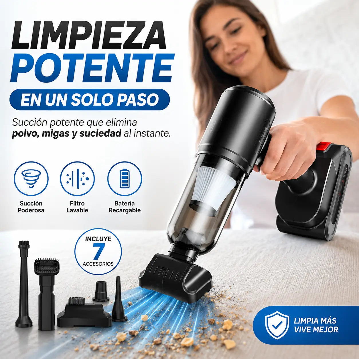 Aspiradora recargable 7 accesorios - Aspira, Sopla e Infla