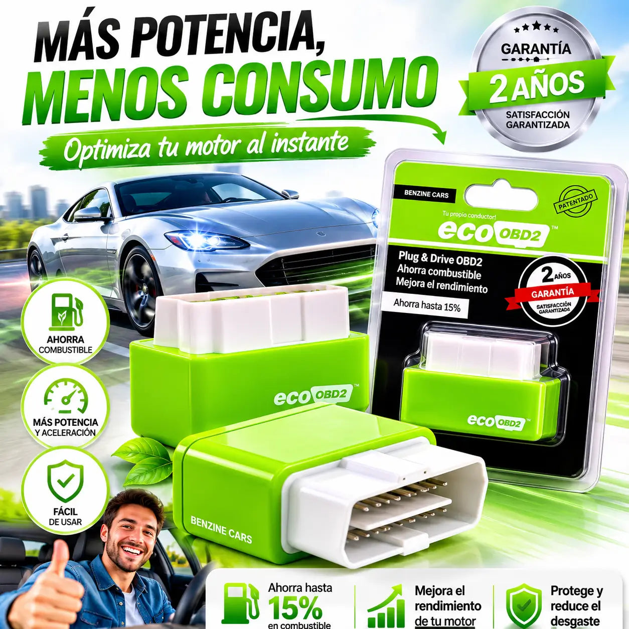 ⛽ EcoOBD2 Plug & Drive — Chip OBD2 para autos a gasolina