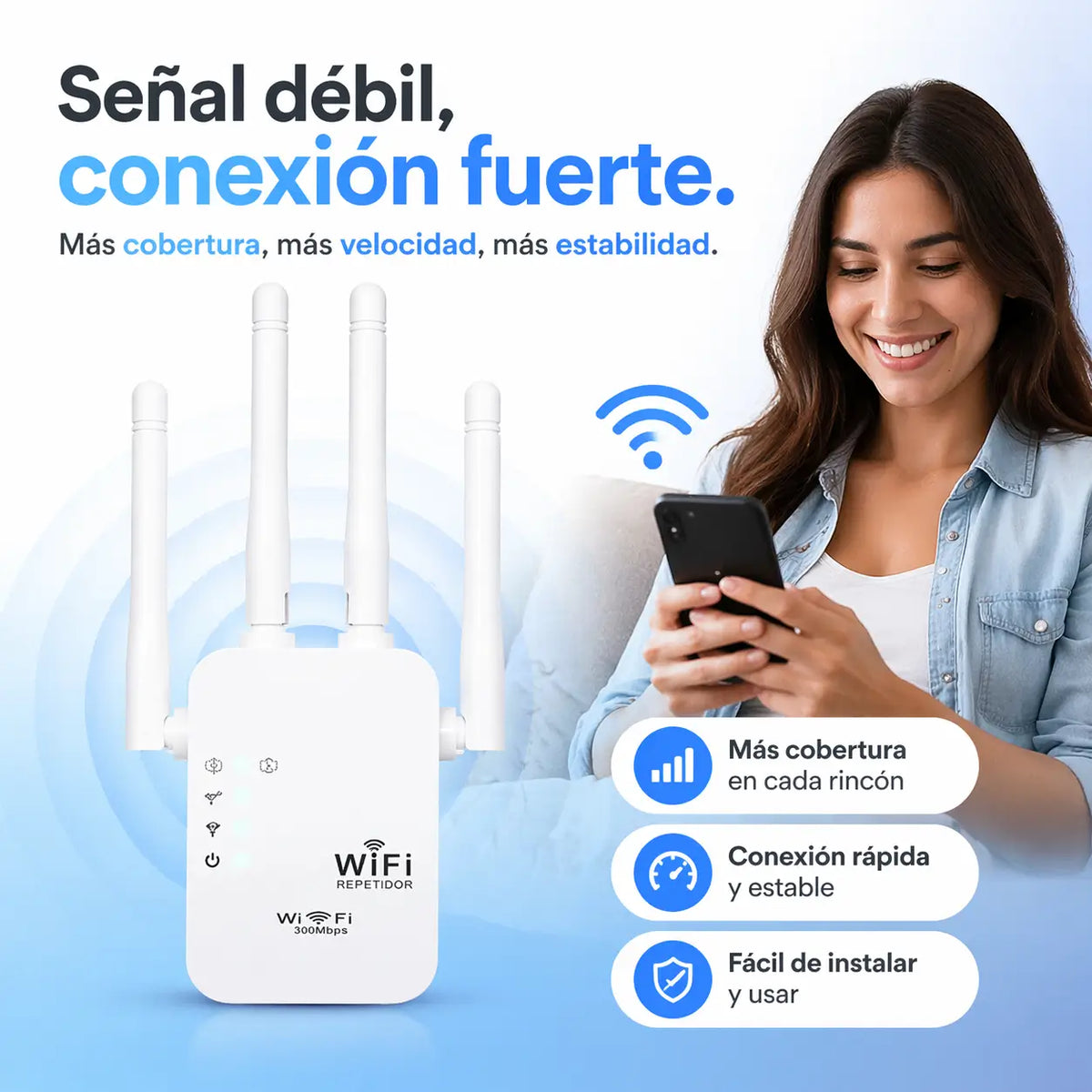 Señal WiFi en TODOS los rincones – 4 antenas de alta potencia para una cobertura imbatible