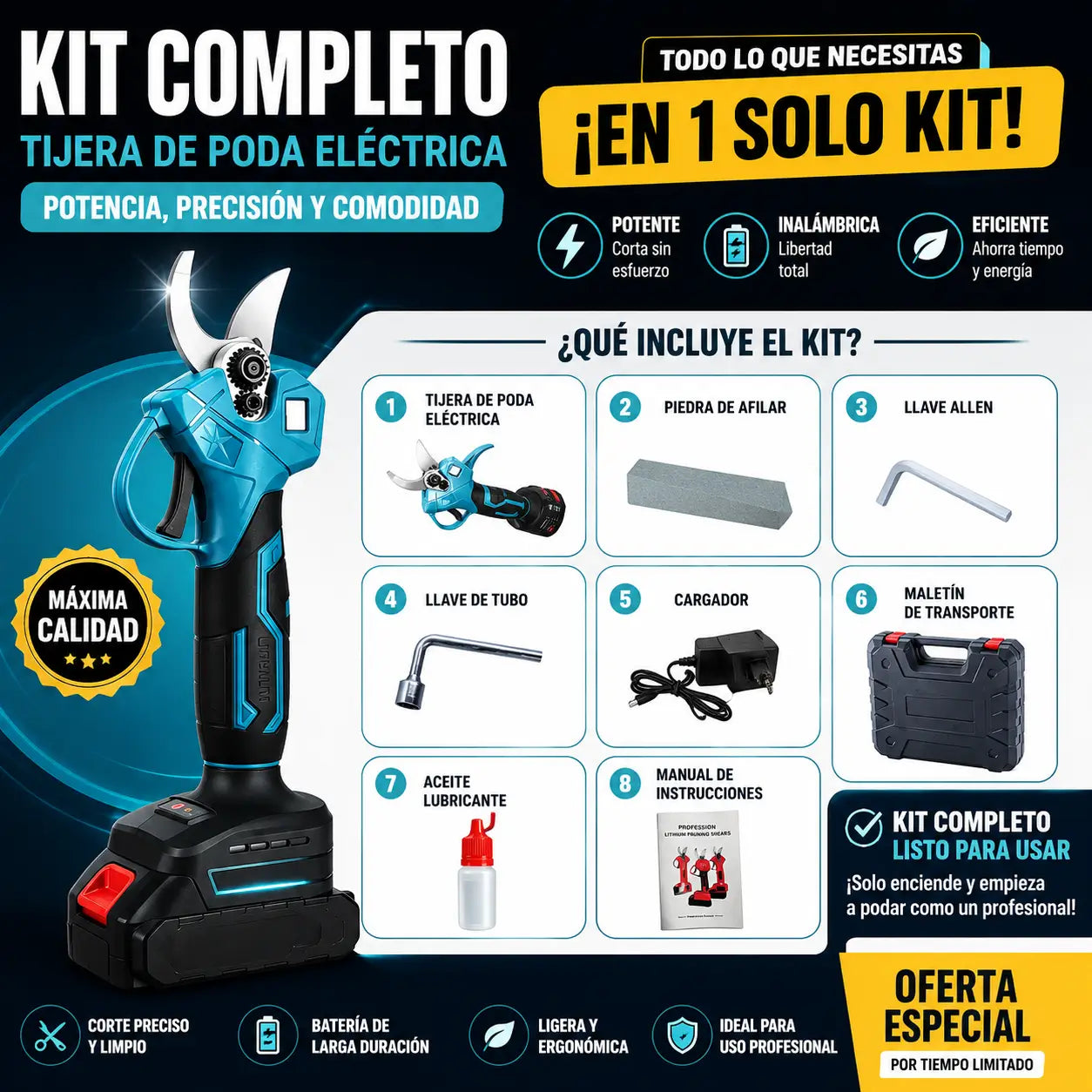 KIT:Tijeras de Podar Electricas Inalambricas Recargables con Maletin