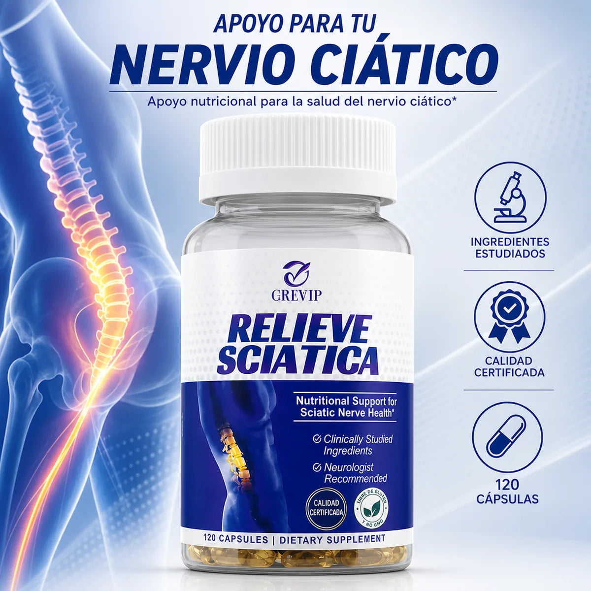GREVIP Relieve Sciatica 💊 Apoyo Nervio Ciático x120 Cápsulas