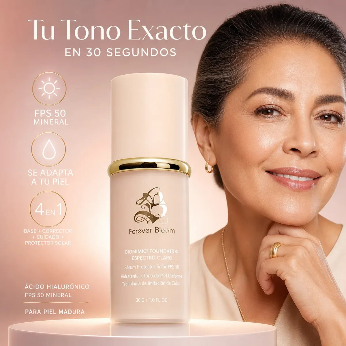 Forever Bloom Biomimic® Foundation FPS 50 ✨ Se Adapta a tu Tono en Segundos