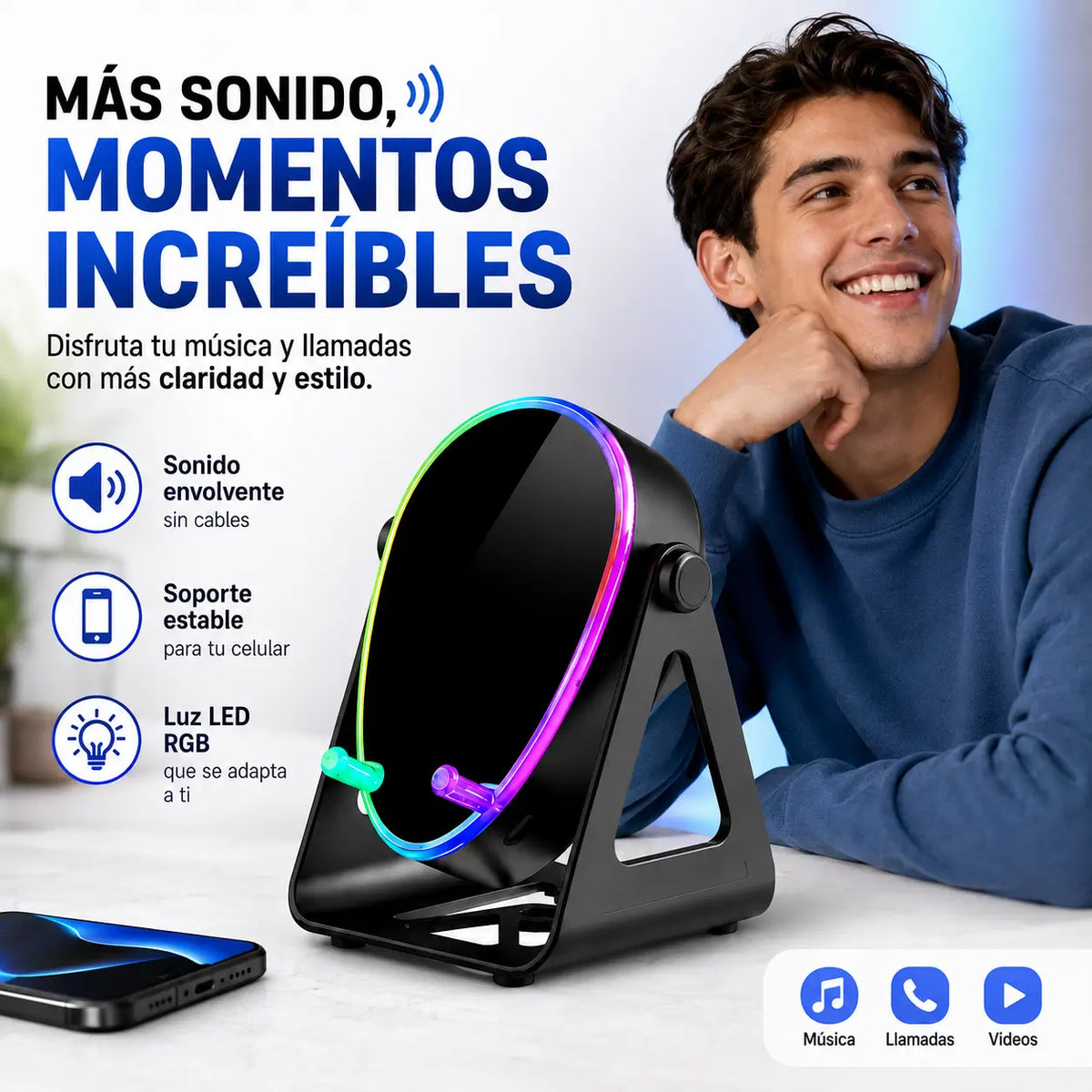 Lumivox 🔊 Soporte + Altavoz Bluetooth con Luz RGB