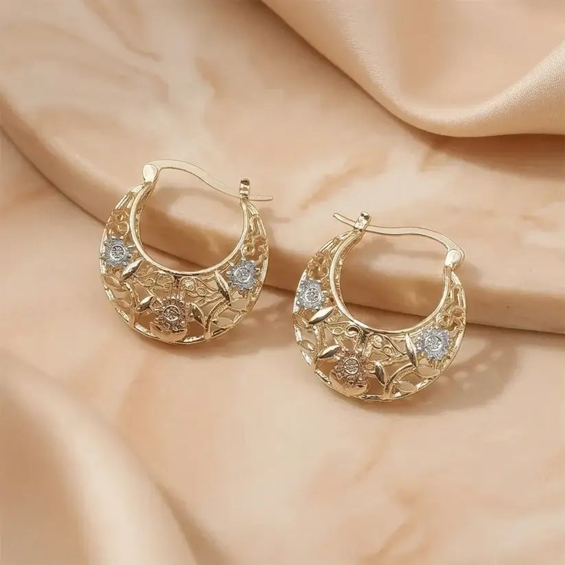 Aretes de Oro 14 Kilates Filigrana Floral Tricolor