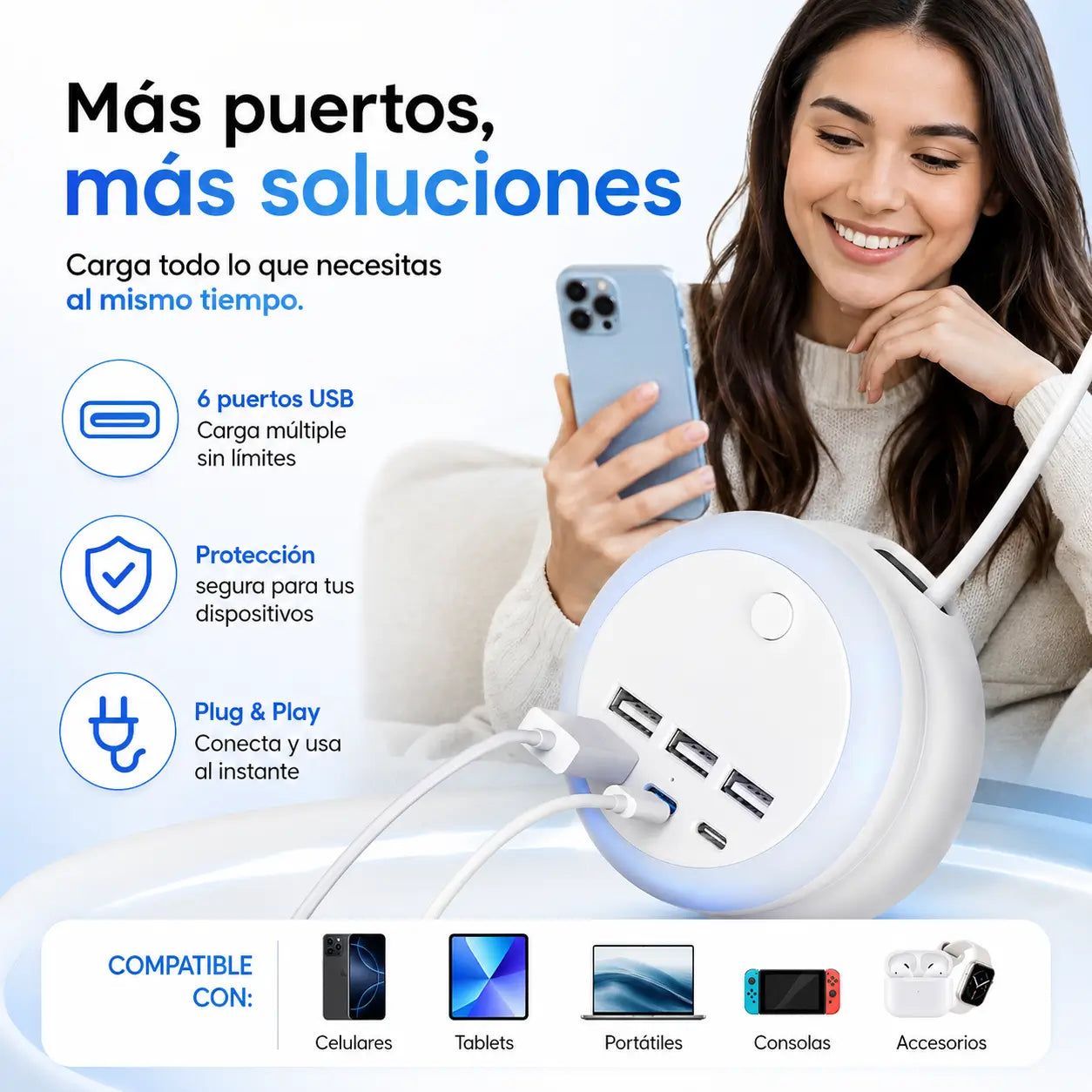 LuminaDock — Estación de Carga USB Retráctil 7 en 1 con Luz Ambiental