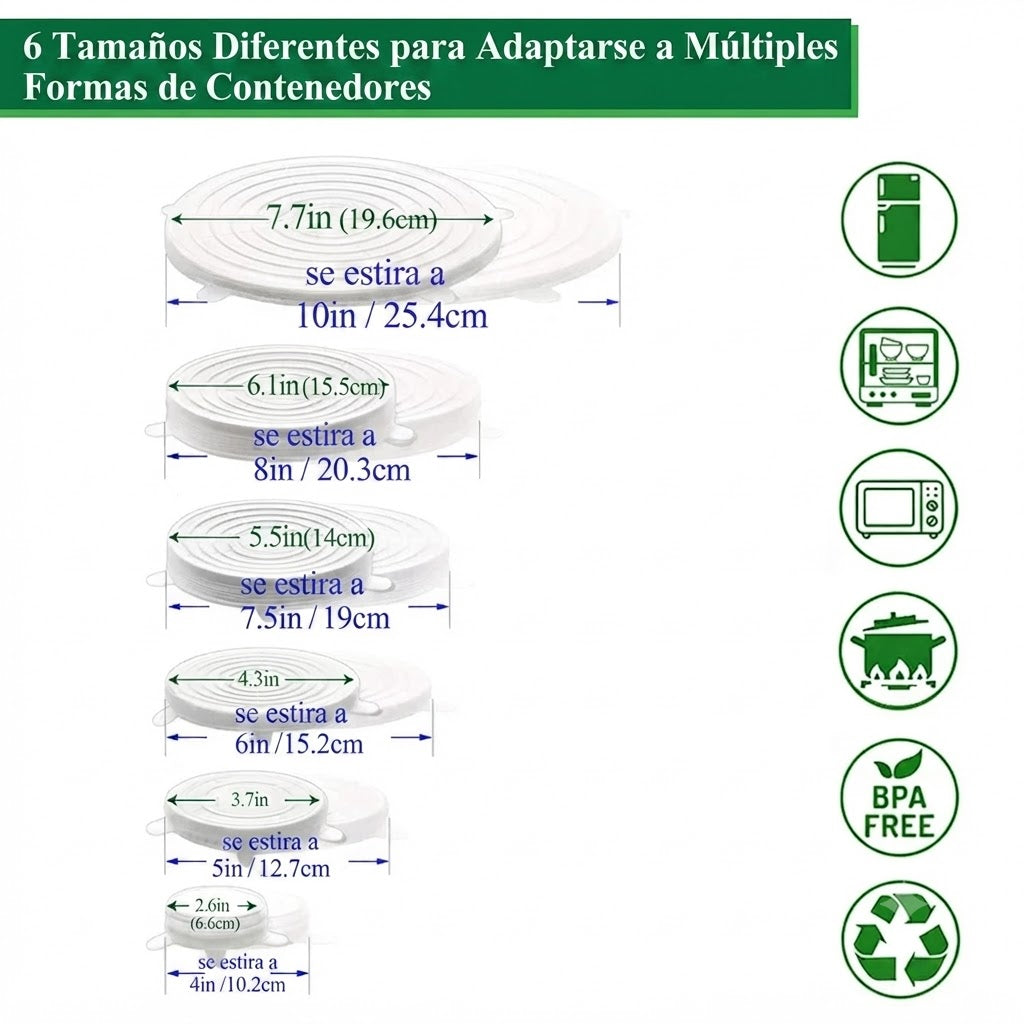 Tapas de Silicona Reutilizables Kit x6 Tamaños
