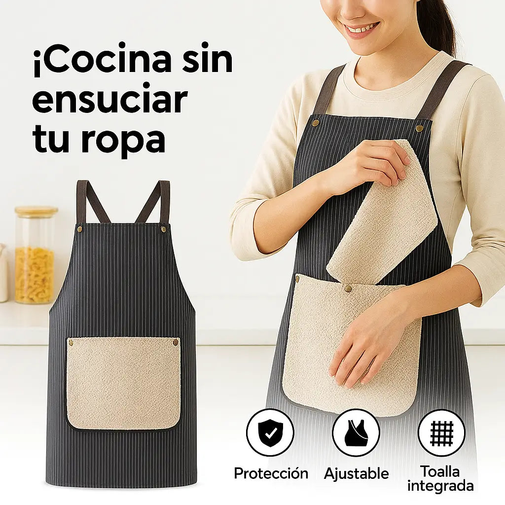 Delantal Premium con Toalla Desmontable: Cocina Limpio, Organizado y Con Estilo