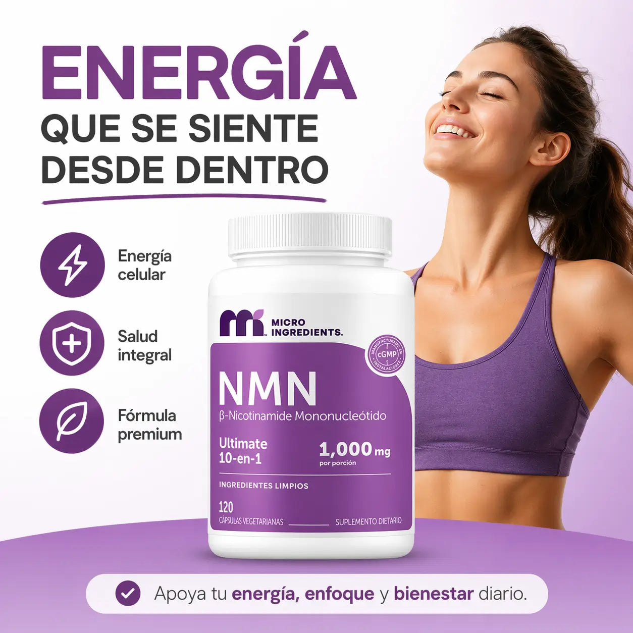 NMN Complex 1000mg, 10 ingredientes activos, energía de 20 años en 60 días