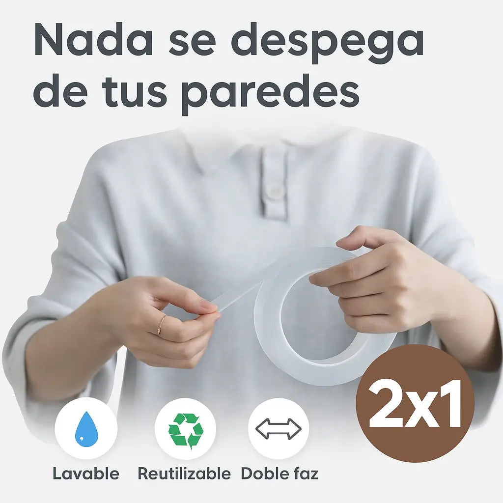 Cinta doble faz lavable que fija todo sin perforar 2X1