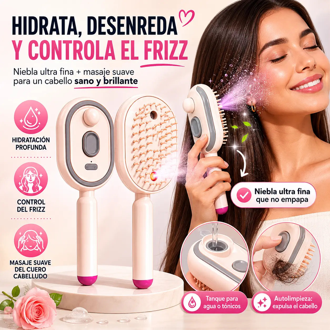 MistGlow — Cepillo Eléctrico con Spray Ionizante y Almohadilla de Aire