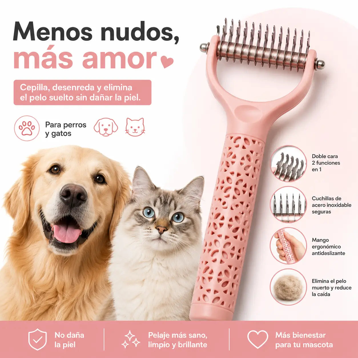 Cepillo Deslanador Profesional Doble Cara para Mascotas