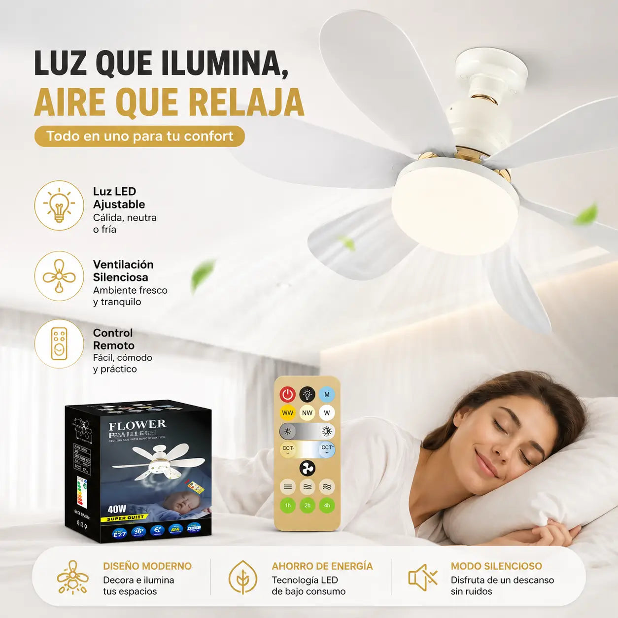 AeroLux — Ventilador LED de 5 Aspas Elegante 2 en 1 con Control Remoto