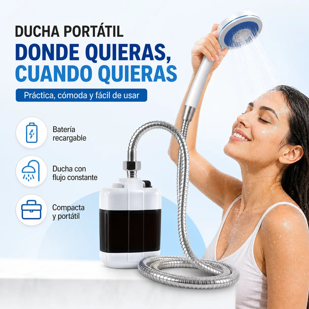 Ducha Portátil Recargable — Báñate en Cualquier Lugar, Sin Instalar Nada