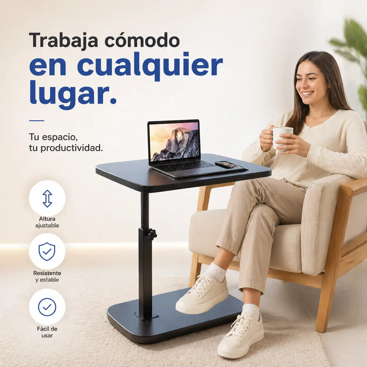 Mesa Luma — Se Desliza Bajo Tu Sofá o Cama, Ajustable al Instante ✅