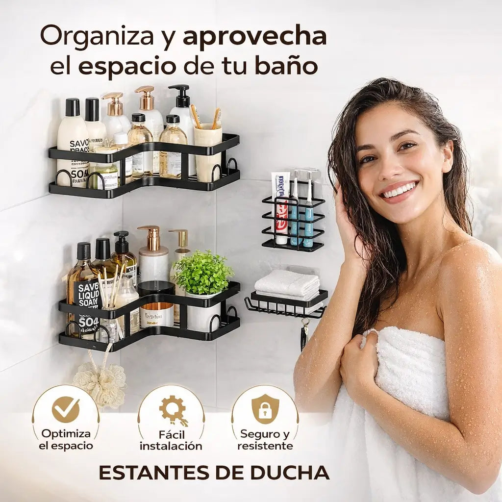 KIT X5 Estante Organizador Esquinero: Duplica el espacio de tu ducha en segundos con su tecnología de ultra-adherencia.