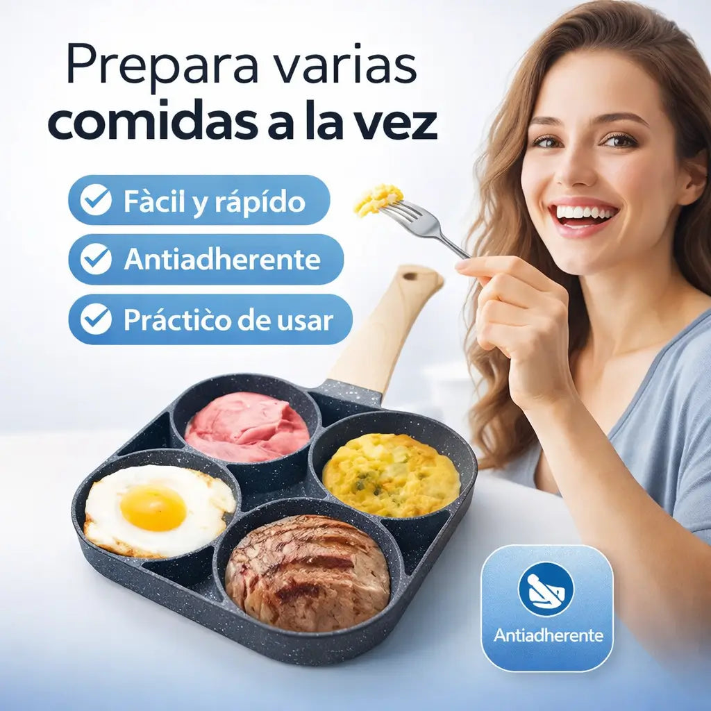 Sartén Multiusos 4 Espacios: Cocina como un chef sin que nada se pegue.