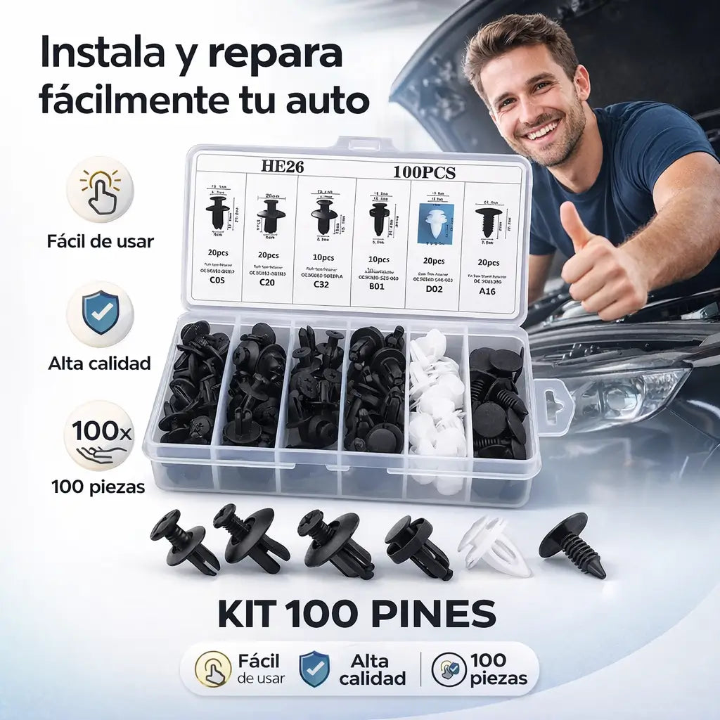 2X1 Kit Pines Plásticos 200 Unds: Deja de pagar mecánicos caros y ajusta tu carro en segundos