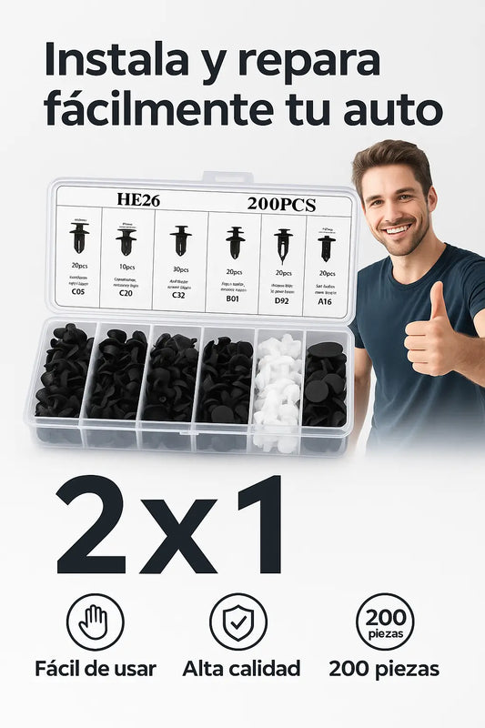 2X1 Kit Pines Plásticos 200 Unds: Deja de pagar mecánicos caros y ajusta tu carro en segundos