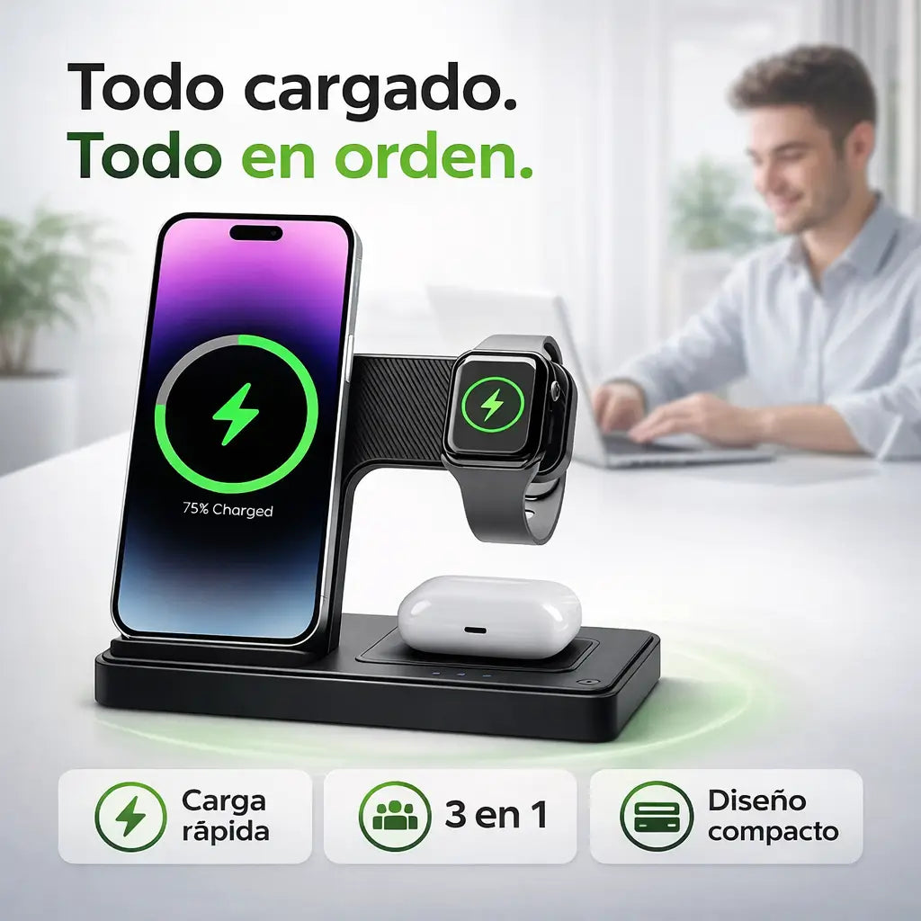 Cargador Inalambrico 3 En 1-Domina el caos de cables y recupera tu espacio.