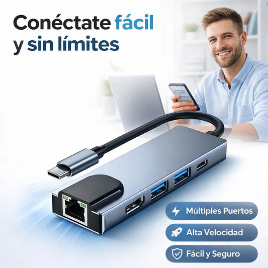 Adaptador 5 en 1: Dile adiós a la falta de puertos y transforma tu laptop en una estación de trabajo pro