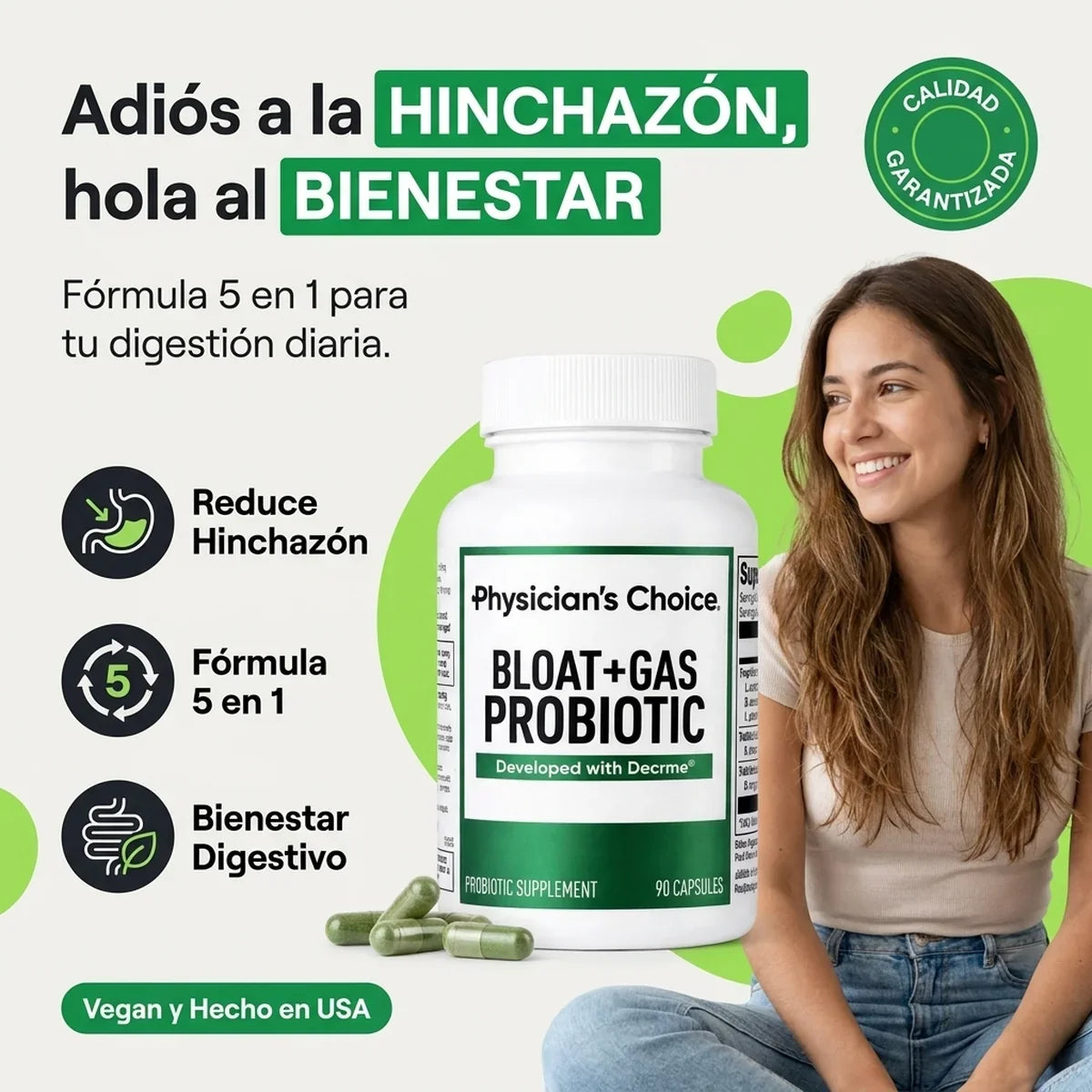 Probiótico 5 en 1 para Hinchazón y Gases - 90 Cápsulas - 1-hero