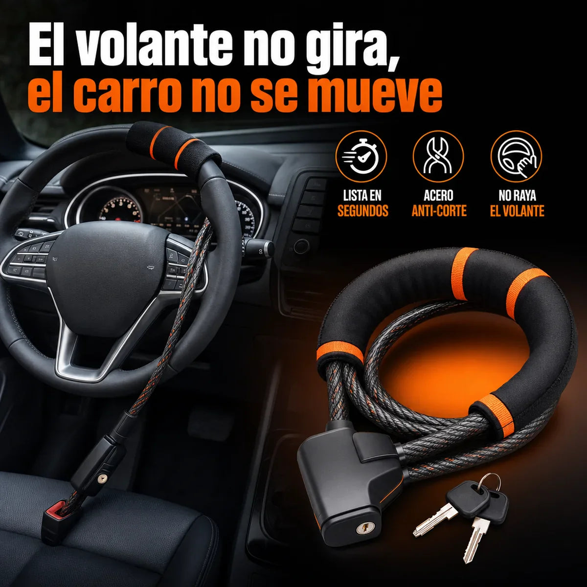 🔒 Traba Volante Antirrobo — Tu Carro No Arranca sin Llave