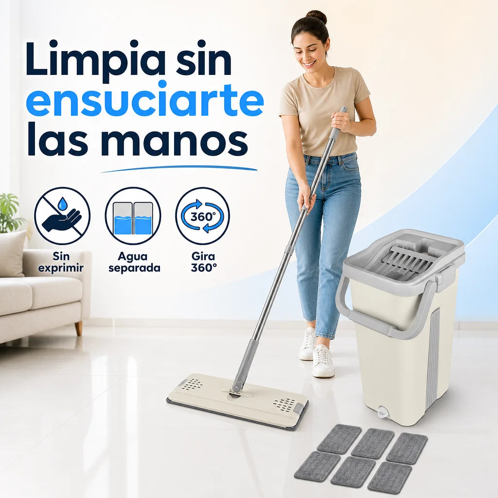 Set de Mopa Plana con Cubo Doble 🧼 (Autoexprimible)