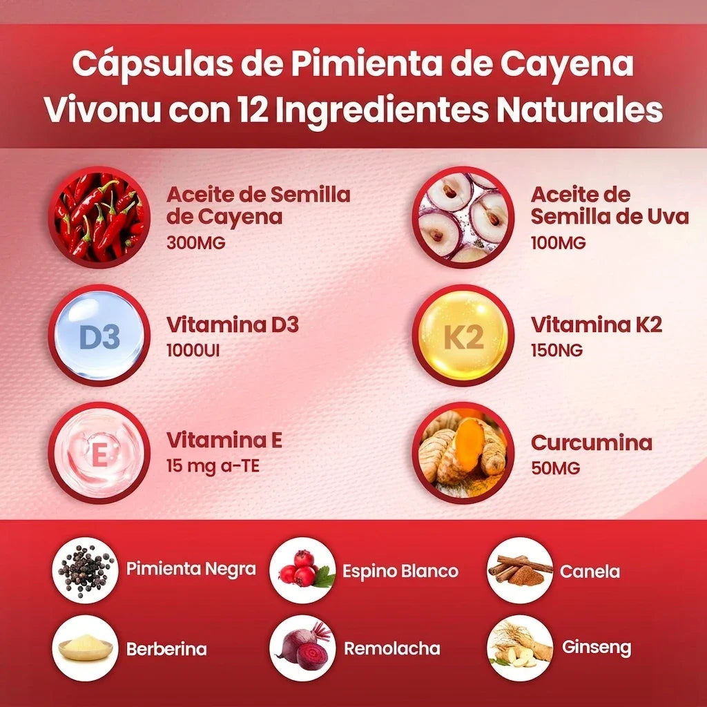 Pimienta de Cayena Vivonu 12-en-1 : Reactiva tu Circulación Natural - (90 softgel)