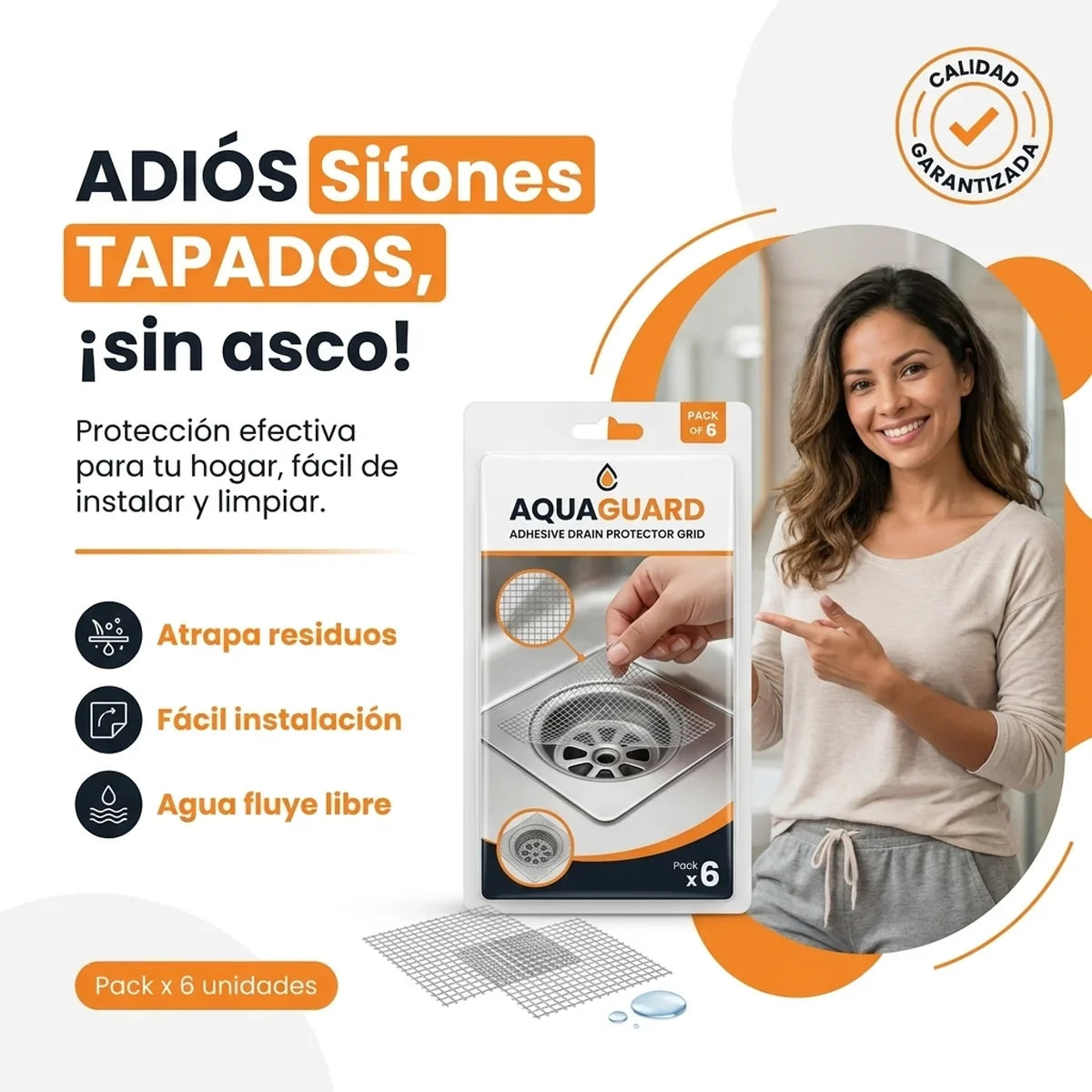 Rejilla Adhesiva Protectora de Sifones Pack x 6 - Aquaguard - 1-hero